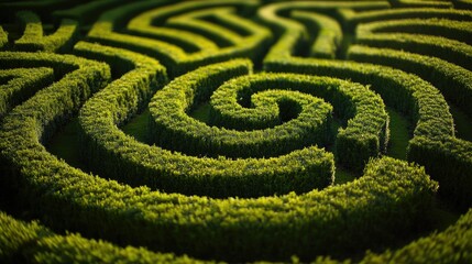 Aerial view of a lush green hedge maze featuring intricate,