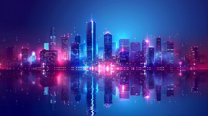 Fototapeta premium Neon Cityscape Reflection: A Futuristic Metropolis at Night