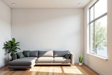 Fototapeta premium Modern Living Room with Gray Sofa, Natural Light, and Minimalist Decor - Perfect for Relaxation and Entertaining