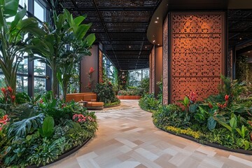 Luxurious Indoor Garden with Tropical Plants and Modern Design