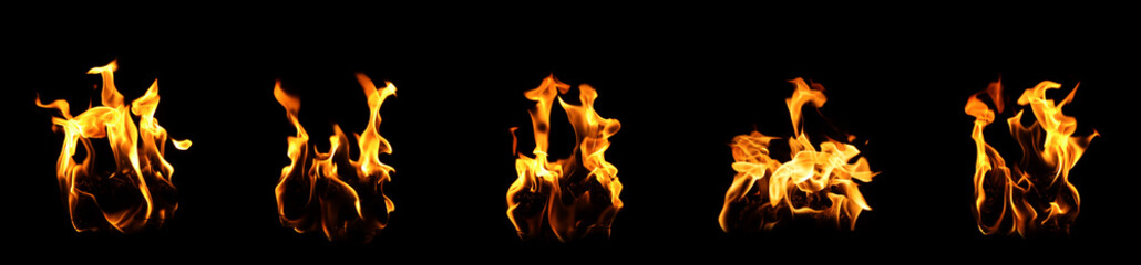 Fototapeta premium Isolated abstract flames collection on black background. Flames on black background. Concept of burning effect texture. Graphic design. Bonfire. Flames at night. Flame effect with burning fire.