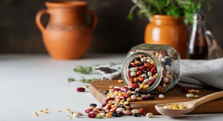 Fototapeta premium Assorted beans spill from jar onto wooden board with rustic kitchenware in background