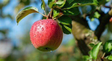 Obraz premium Fresh red apple with water droplets on tree branch