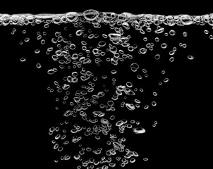 White bubbles, liquid, black background, abstract isolated, oxygen design concept, underwater,...