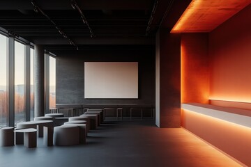 Modern Minimalist Lobby with Orange Accent Wall and Blank Canvas