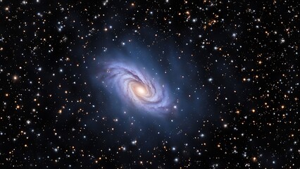 A distant galaxy depicted as a faint glowing cluster surrounded by scattered, tiny stars.