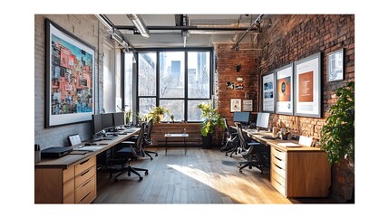 A professional coworking space with shared workstations covered in detailed market research papers and infographics, soft light creating a warm atmosphere,