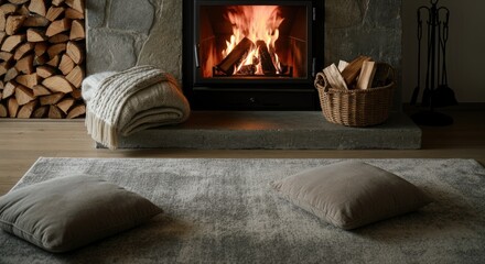 Cozy fire-lit living room with blankets, pillows, and firewood