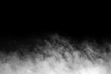 Close-up photo set of abstract white smoke or vapor floating on black background. Fog and clouds effect for design. Smog elements.