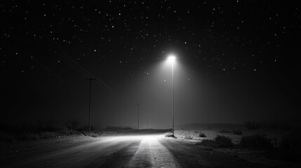 A lonely street under a starry night sky, illuminated by a solitary streetlamp.