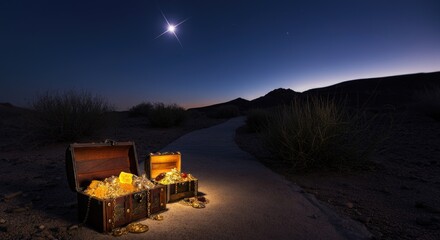 Treasure chest filled with gold jewelry in desert at night