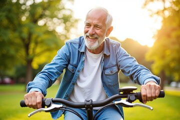 Fototapeta premium Active Senior Man Enjoying Bicycle Ride in Park, Perfect for Inspirational and Wellness Campaigns
