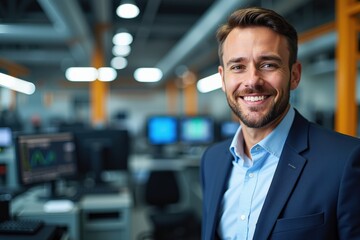 Obraz premium Confident Businessman Smiling in Modern Office Setting, Perfect for Corporate Branding and Marketing Materials