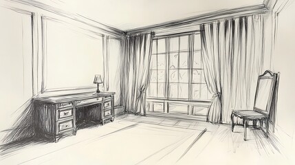 Elegant Hand-Drawn Sketch: Interior Design Room Illustration, Classic Style. AI Generated
