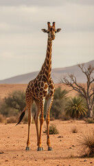 Obraz premium Giraffe Standing in Middle of Dry Desert -, cinematic, with white tones