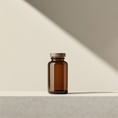 Amber glass bottle with wooden cap on light background.
