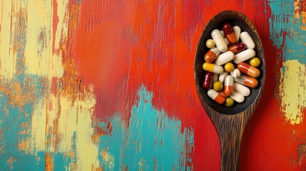 Wooden spoon filled with a mix of vitamin and mineral pills, placed on a colorful background, showcasing the pills textures and colors with room for text