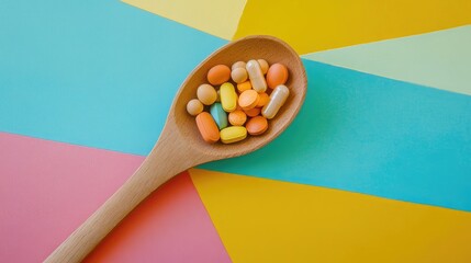 Wooden spoon filled with a mix of vitamin and mineral pills, placed on a colorful background, showcasing the pills textures and colors with room for text