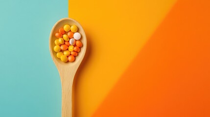 Wooden spoon filled with different vitamin and mineral pills, set against a vivid, colored background, offering a vibrant look with room for text