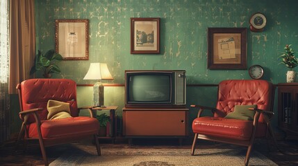 Retro Living Room with Vintage Television, Chairs, and Decor