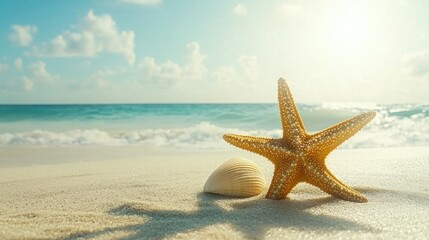 Starfish and seashell on sunny beach.