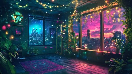 Obraz premium Vibrant Fantasy Room Digital Painting: Night City View. AI Generated