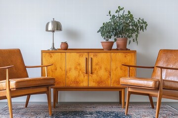 Mid-Century Modern Living Room Interior with Leather Armchairs and Wooden Cabinet
