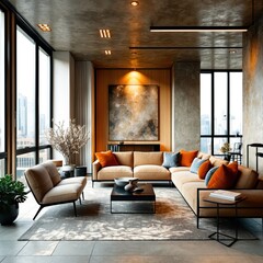 Fototapeta premium Modern industrial loft interior, luxurious living room, floor-to-ceiling windows, exposed concrete walls, warm amber lighting, leather sectional sofa, abstract art, potted plants, minimalist decor, mo