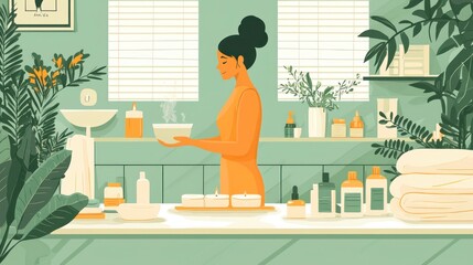 Tranquil Home Spa Ambiance: Woman Setting Up Candles, Towels, and Aromatherapy Oils in 2D Flat Illustration