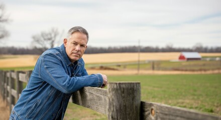 Fototapeta premium Caucasian man leaning on wooden fence in rural area with fields and barn background