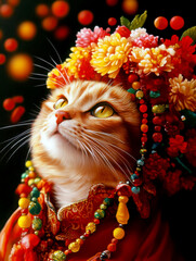 Naklejka premium A beautiful cat adorned with flowers and colorful beads.