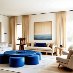Fototapeta premium Modern luxurious living room, minimalist design, neutral tones, large blue circular ottoman, textured beige wallpaper, ocean horizon painting, white sofa, wooden accent furniture, natural light, elega