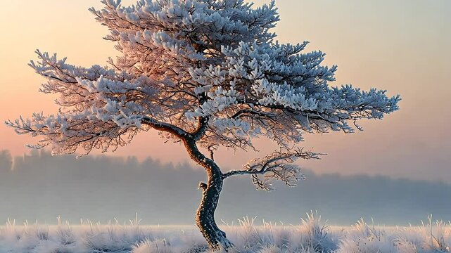 A lone snow-covered tree stands in a field of snow at sunset.