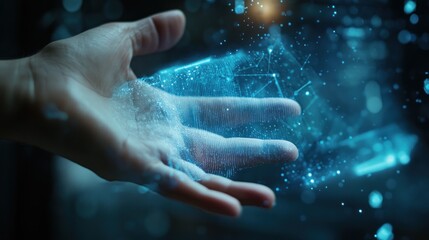 Fototapeta premium A hand projecting digital particles, symbolizing technology and innovation.