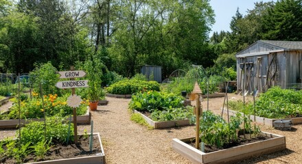 Lush garden with raised beds, green shrubs, and signs promoting kindness