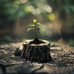 a young tree stump by James Watson for stocks united, A small plant sprouts from a tree stump, symbolizing renewal and growth in nature, Young tree emerging from old tree stump.