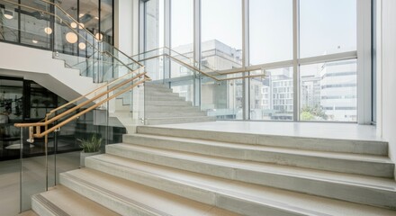 Fototapeta premium Modern building interior with staircase and large windows, natural light