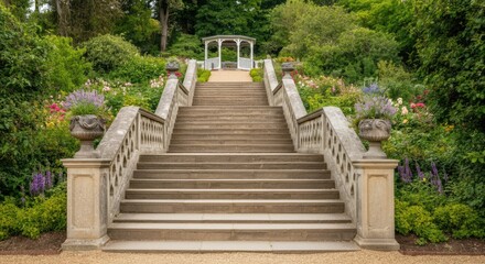 Grand stone staircase leading to gazebo, surrounded by lush greenery and flowers