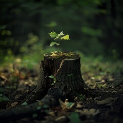 a young tree stump by James Watson for stocks united, A small plant sprouts from a tree stump, symbolizing renewal and growth in nature, Young tree emerging from old tree stump.