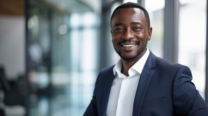 Fototapeta premium Close-up portrait of a Nigerian businessman with a clean-shaven look, dressed in a classic navy blue suit and a white shirt, beaming confidently in a sleek office with large windows and a neutral