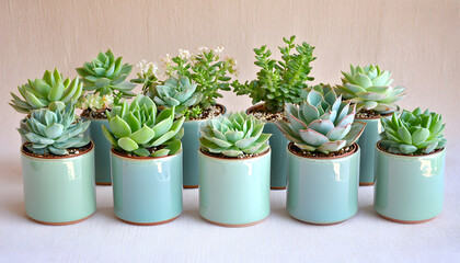 Vibrant succulents in stylish pots indoor garden photography cozy home close-up decorative plants for home decor