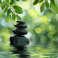 Zen stones on the water , relaxing, calm , soothing, Precious Tranquility: A Zen-Inspired Wallpaper, Tranquil Zen stone stack reflection in serene water garden.