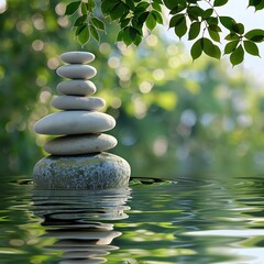 Zen stones on the water , relaxing, calm , soothing, Precious Tranquility: A Zen-Inspired Wallpaper, Tranquil Zen stone stack reflection in serene water garden.


