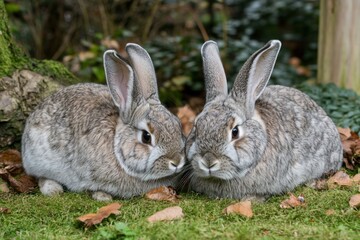 Fototapeta premium Two Grey Rabbits Snuggling in Moss