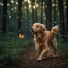 A golden retriever with butterfly wing patterns on its fur chasing fireflies in a magical forest.