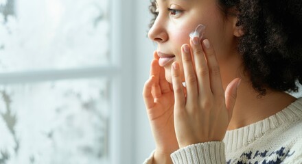 African American woman applying facial cream indoors near window