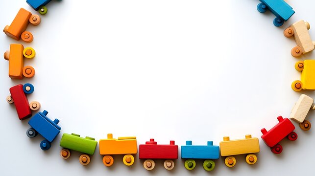 Colorful wooden toy train border on white background.