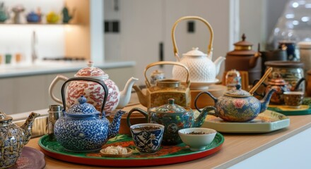 Fototapeta premium Assorted teapots and teacups on tray in modern kitchen setting