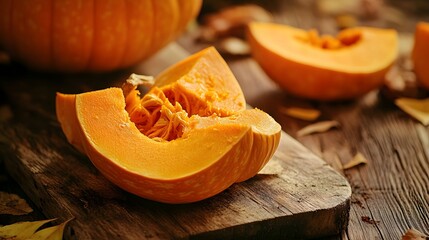 Close up sliced Pumpkin on wooden board