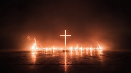Obraz premium Fiery Cross Illuminated in Dark Surrounding with Glowing Flames on the Ground
